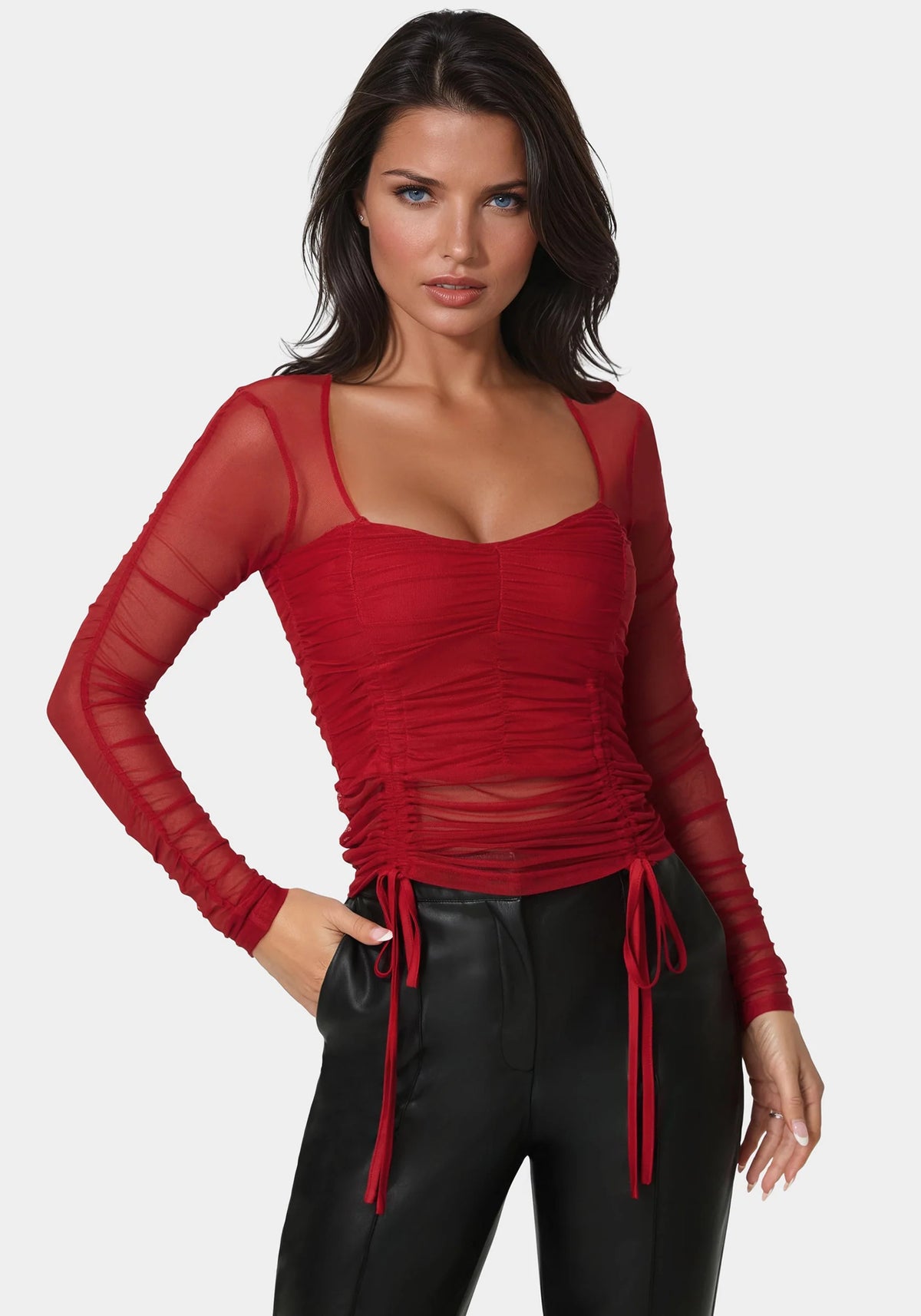 Stretch Mesh Shirring Long Sleeve Top