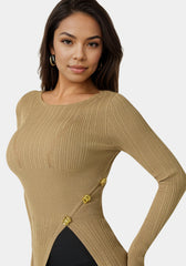 Long Body Side Slit Lurex Sweater Top