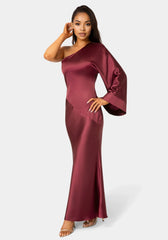 One Shoulder Bell Sleeve Satin Maxi Dress