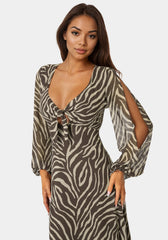 Printed Chiffon Tie Front Maxi Dress