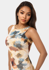 Printed Powermesh Side Shirred Maxi Dress
