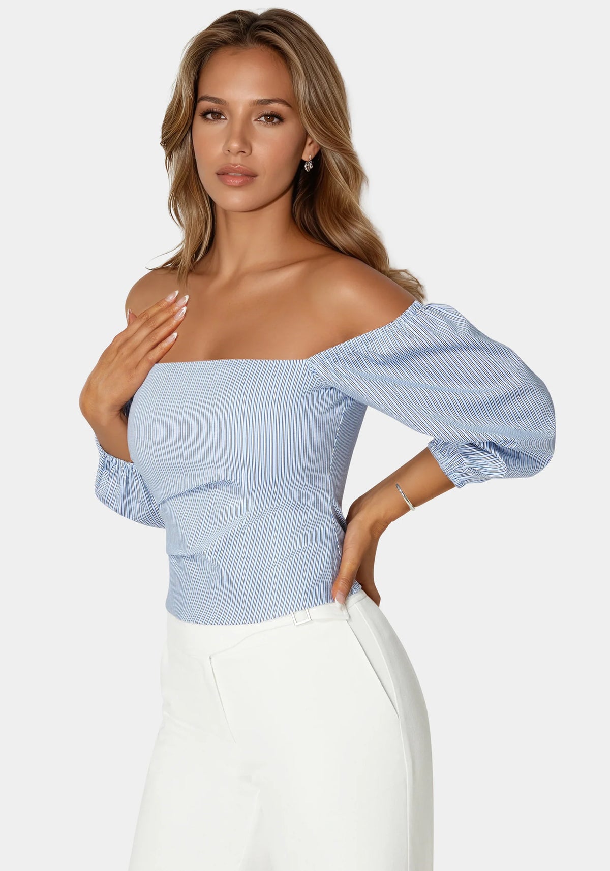 Poplin Bubble Sleeve Off Shoulder Draped Top