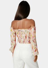 Printed Chiffon Cold Shoulder Ruched Top