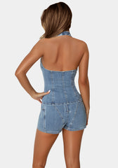 Button Down Halter Denim Top