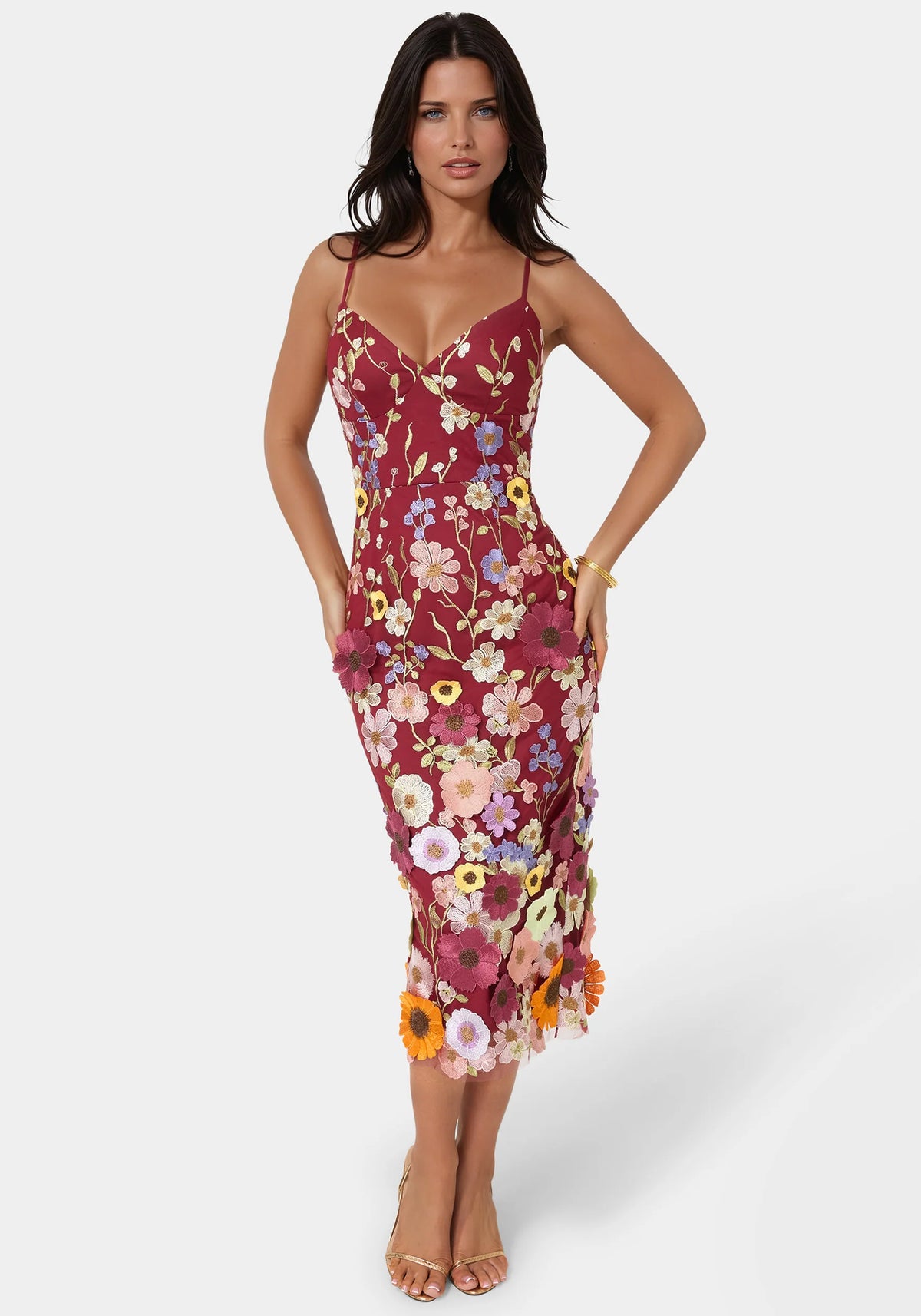 3D Floral Strappy V-Neck Midi Dress