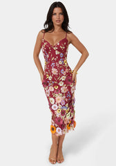 3D Floral Strappy V-Neck Midi Dress