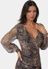 Long Sleeve Faux Wrap Ruched Mini Dress