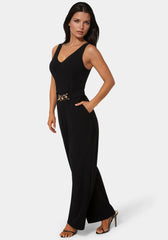 Scuba Crepe V-Neck Jumpsuit with Belt