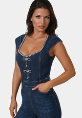 Embellished Neckline Flared Leg Denim Jumpsuit