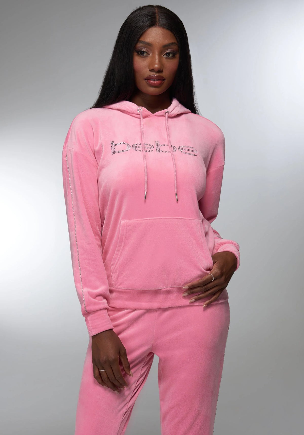 Rhinestone Detail Velour Hoodie