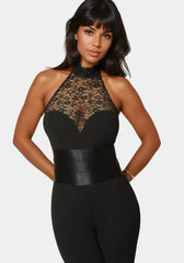Lace Piecing  Straight Flared Leg Jumpsuit
