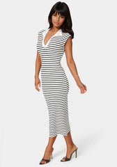 Stripe Rib Column Dress with Collar