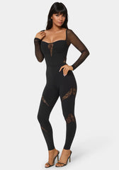 Mesh Sleeve Lace Insert Catsuit