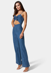 Front Ruched Cut Out Wide Leg Lightweight Denim Jumpsuit
