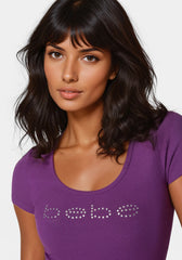 Bebe Logo Short Sleeve Scoop Neck Single Stone Rib Top