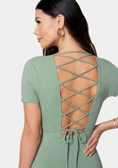Button Front Lace Back Rib Dress