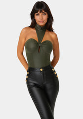 Mock Neck Halter Coated Knit Bodysuit