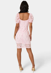 Lace Slim Dress with Puff Sleeves
