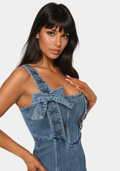 Bow Fitted Eyelet Denim Dress