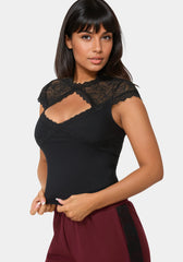Lace Cap Sleeve Rib Knit Top