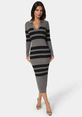 Long Sleeve Collared Striped Knit Dress