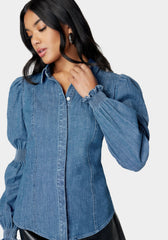 Long Sleeve Smocking Detail Denim Blouse