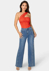 High Waist Snap Detail Wide Leg Jeans