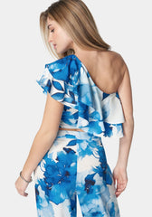 Satin One Shoulder Ruffle Neck Top