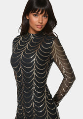 Long Sleeve Sequins Mesh Mockneck Mini Dress