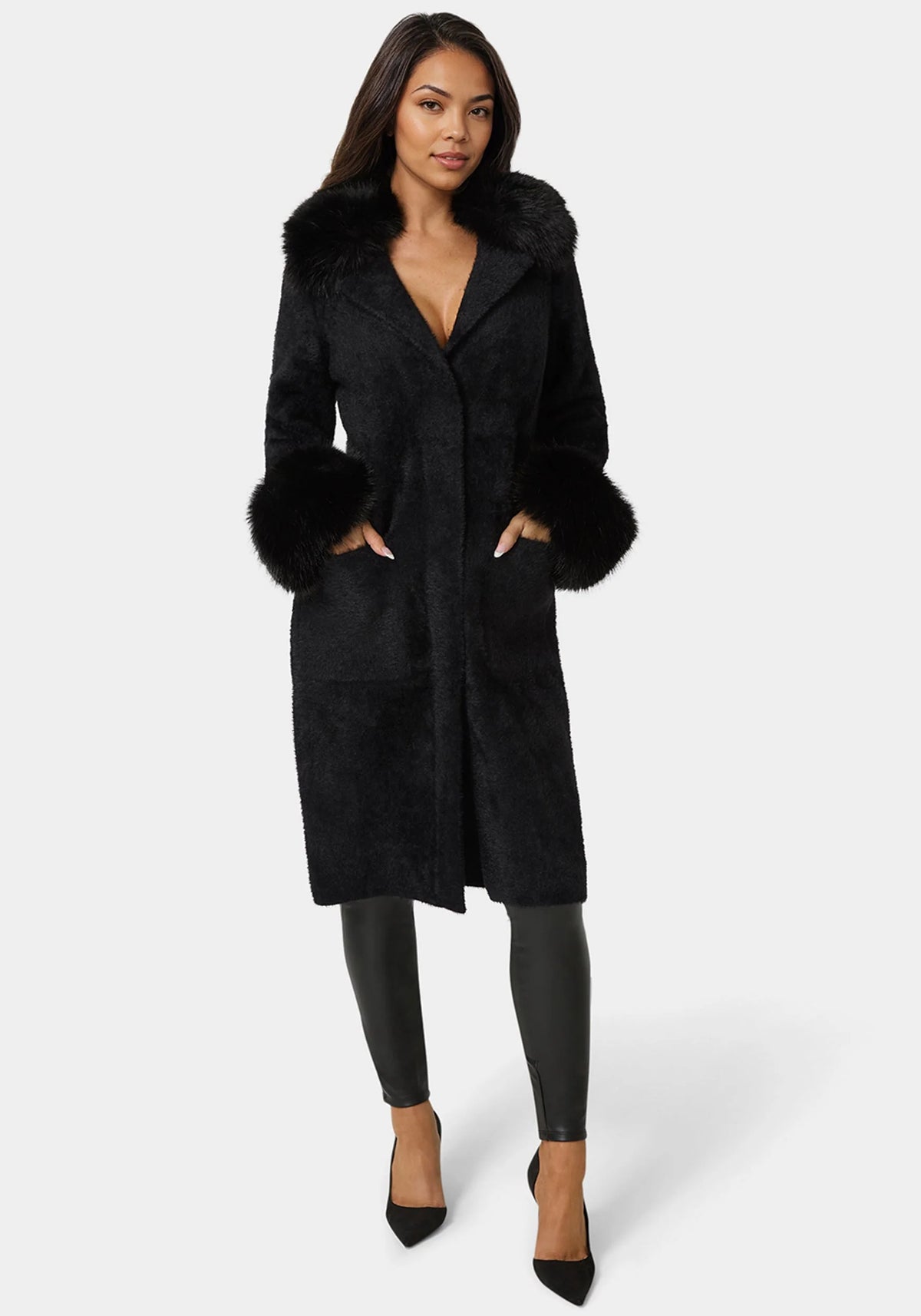 Faux Fur Collar And Cuff Long Coat