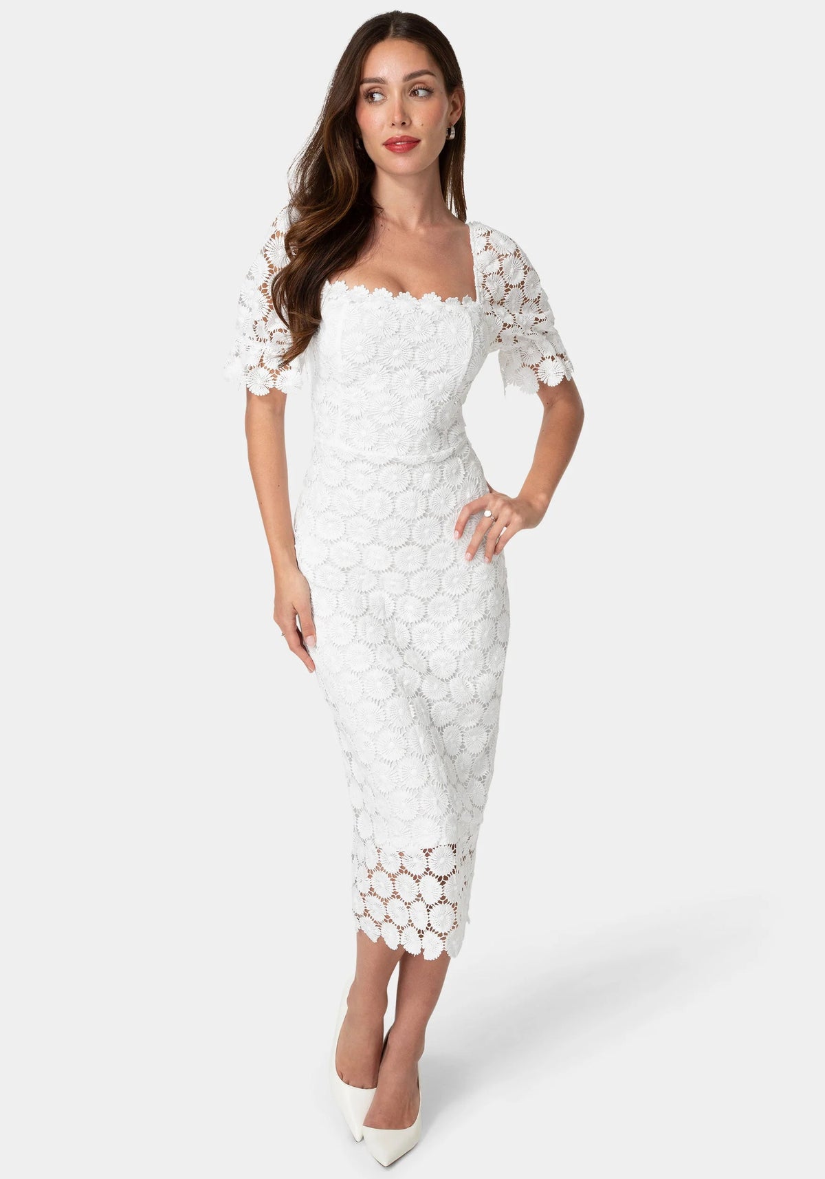 Eyelet Elbow Sleeve Midi Dress