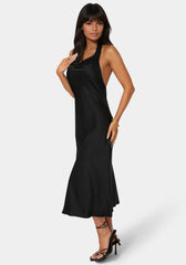 Satin Halter Front Cowl Neck Midi Dress