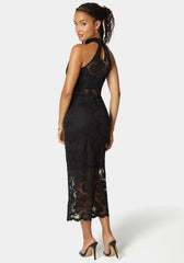 Marseille Lace Mock Neck Illusion Midi Dress