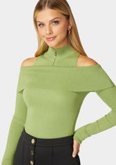 Mock Neck Zip Detail Cold Shoulder Sweater