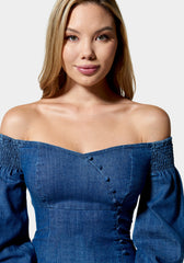 Denim Cold Shoulder Button Detail Dress
