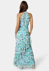 Printed Chiffon Halter Ruffle Dress