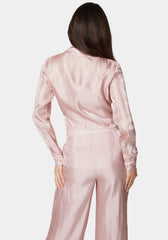 Iridescent Satin Tie Front Collared Blouse