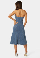 Halter Front Zipper Midi Denim Dress