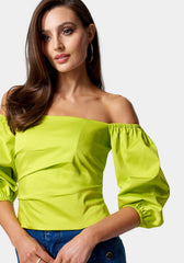 Poplin Bubble Sleeve Off Shoulder Draped Top