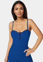 Lace Up Neckline Slim Leg Jumpsuit