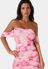 Off Shoulder Ruched Mesh Gown