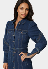 Sleeve Detail Front Button Denim Dress