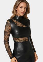 Faux Leather Lace Illusion Midi Dress