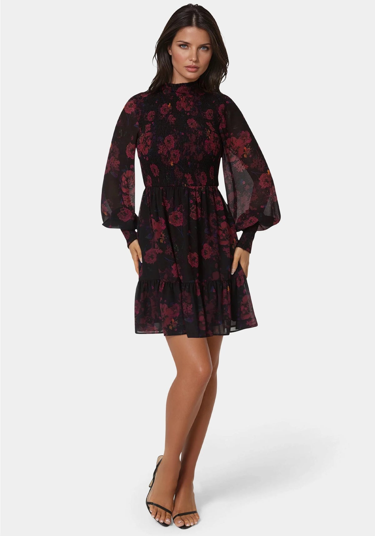 Long Sleeve Mock Neck Chifon Smocked Mini Dress