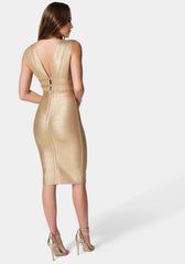 Foiled Bandage Plunge Neck Midi Dress