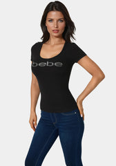 Bebe Logo Short Sleeve Round Neck Rib Top