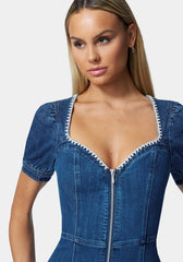 Jewel Trim Sweetheart Denim Dress
