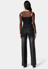 High Waist Denim Combo Vegan Leather Wide Leg Pant