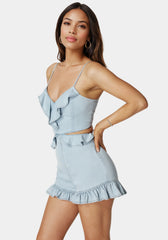 Ruffled V Neck Denim Romper