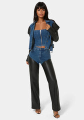 High Waist Vegan Leather Combo Wide Leg Jean